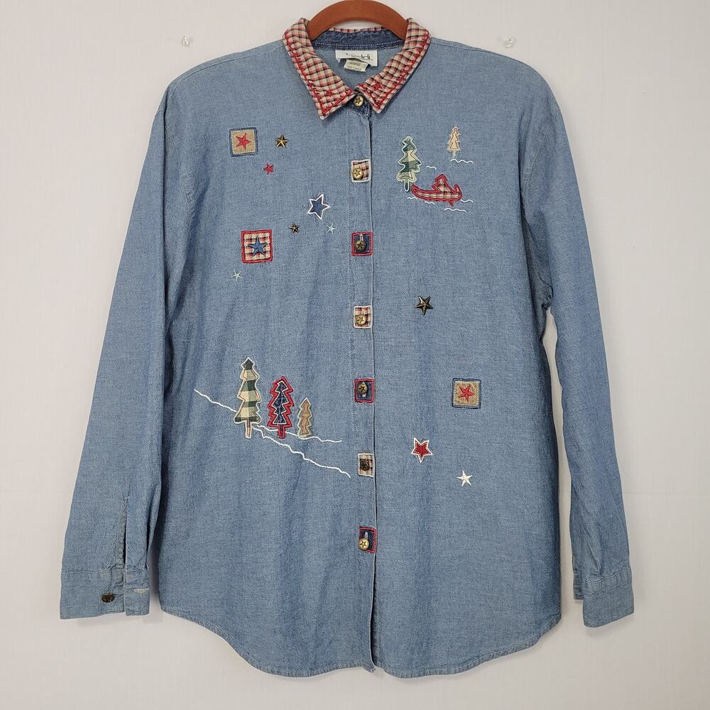 Vtg Denim Long Sleeve Christmas Embroidered Button Shirt size M Plaid Collar 90s